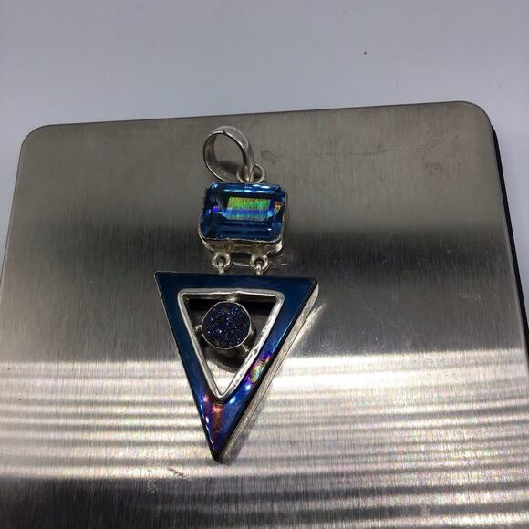 925 Sterling Silver Blue Stone Pendant Necklace Beaded Chain Geometric Triangle - Picture 8 of 8
